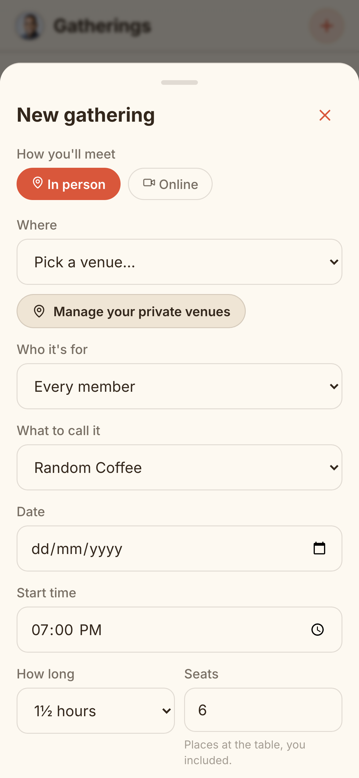 The new-gathering form in the app