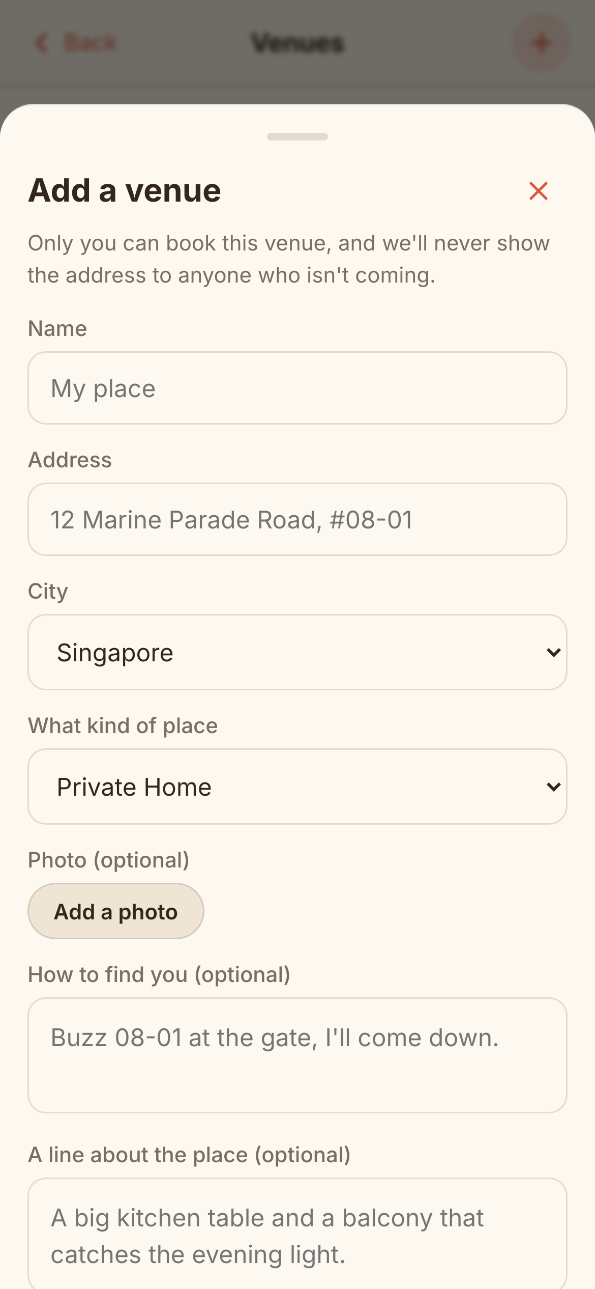 The add-a-venue form in the app