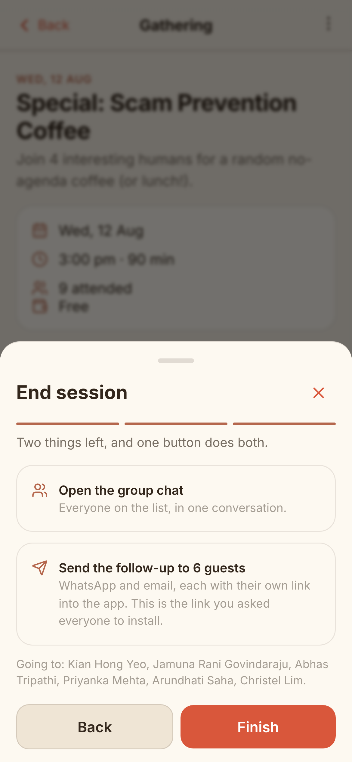 End session, step three: Finish, which opens the group chat and sends the follow-up
