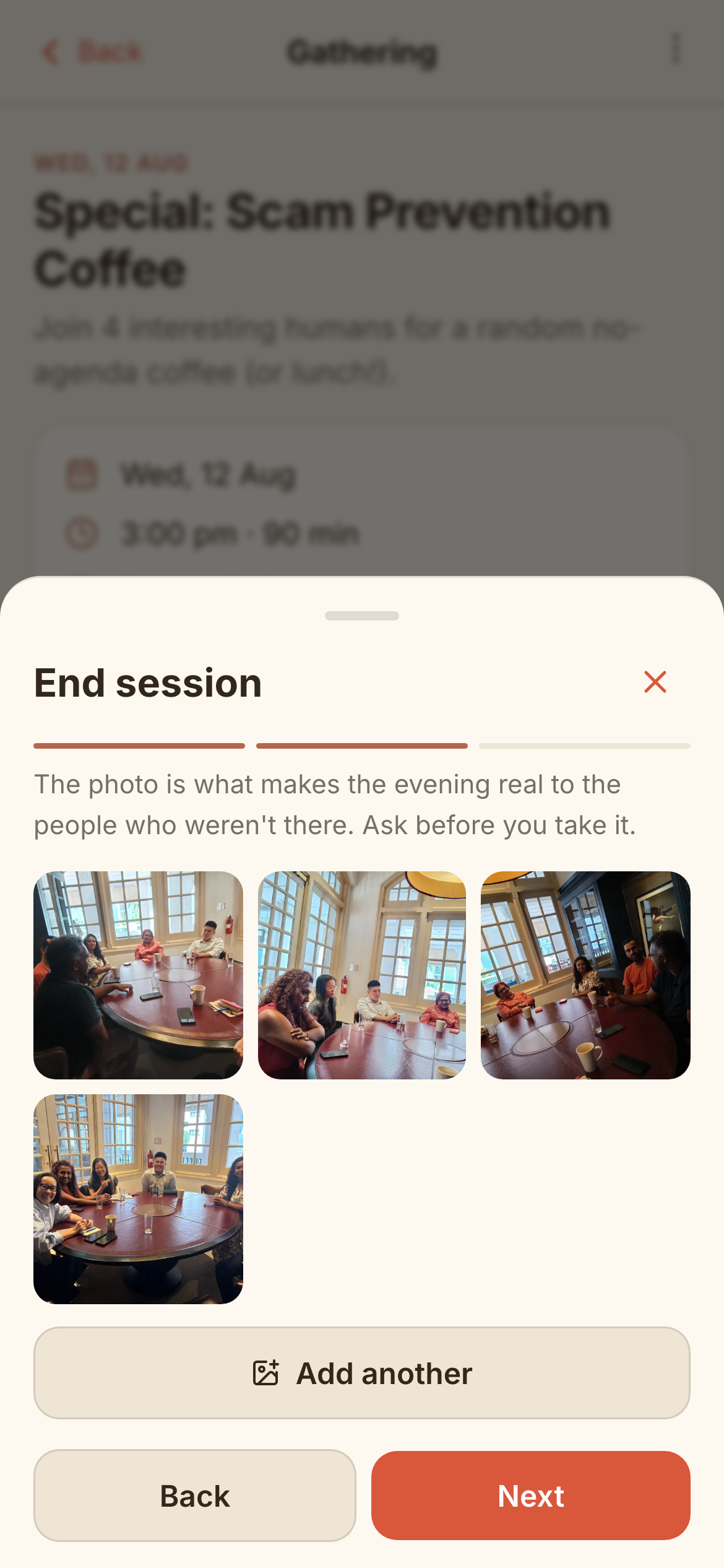End session, step two: the photos attached to the gathering