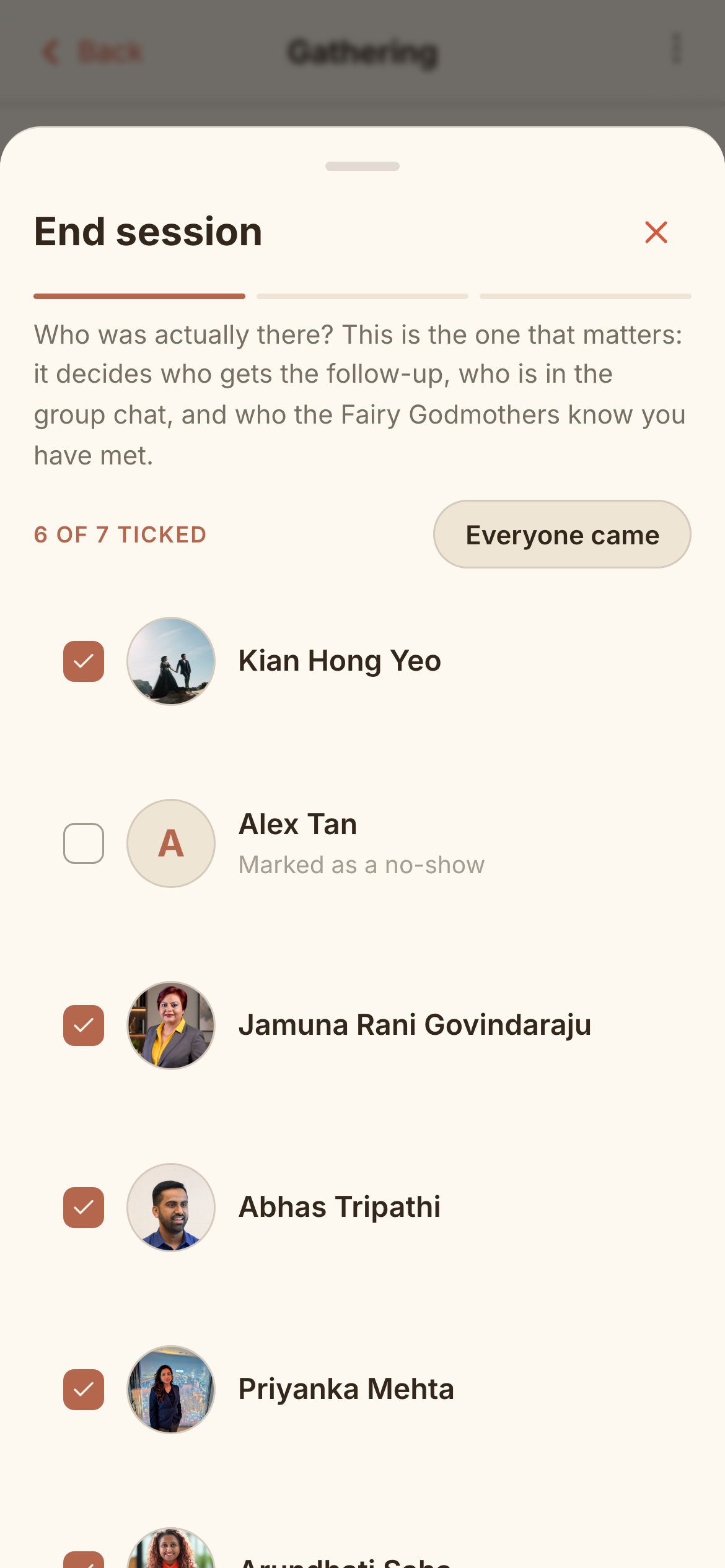 End session, step one: the guest list with a tick beside each person who came
