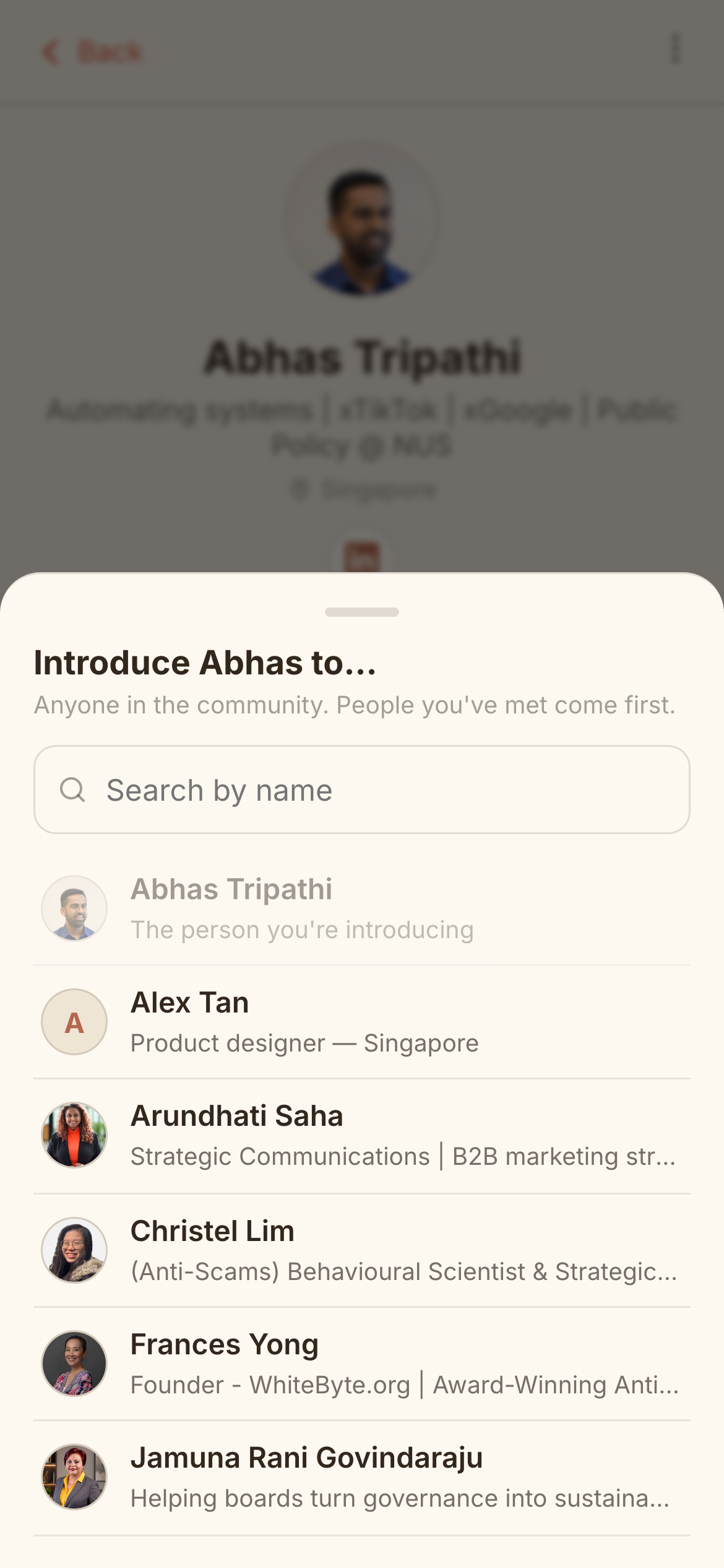 The Introduce to… picker, open on a member's page