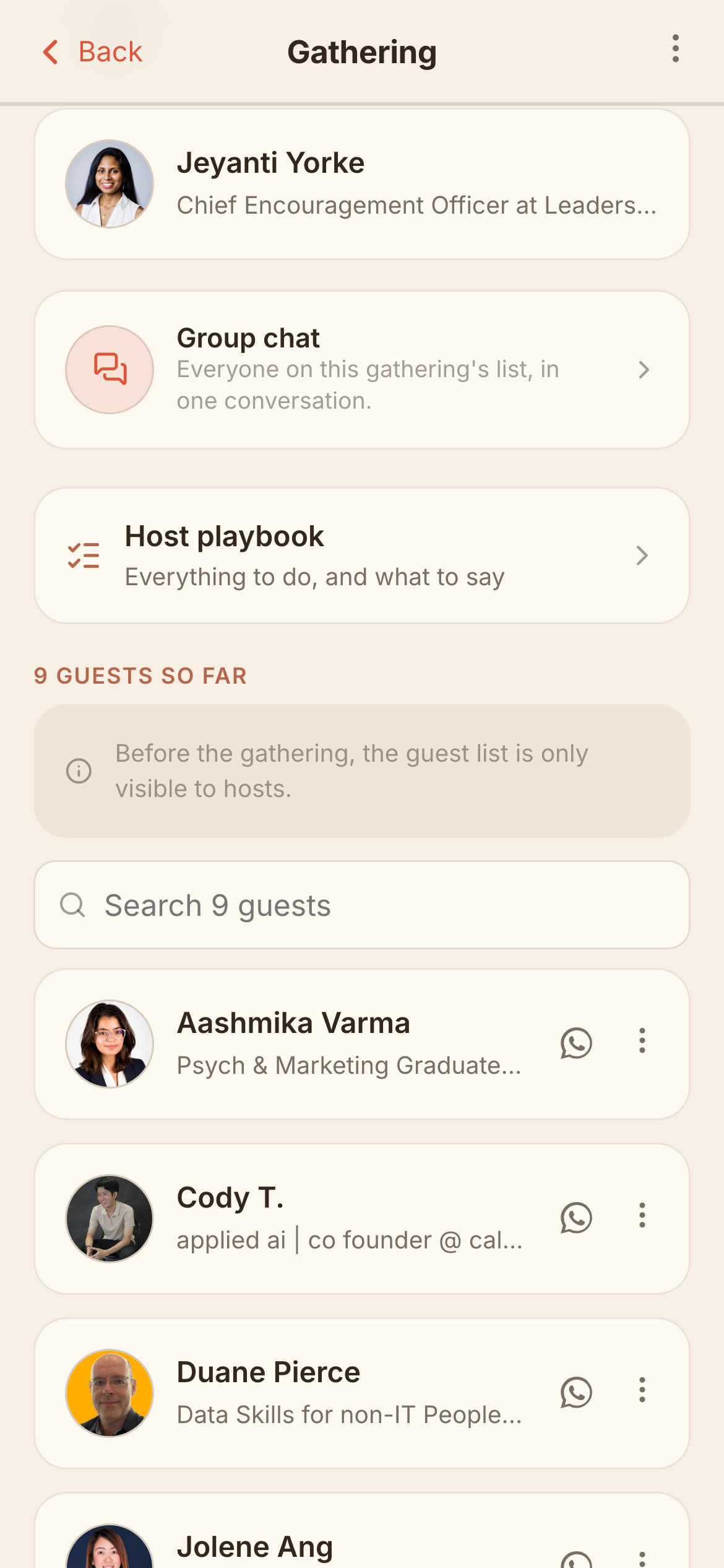 A gathering's guest list, with a WhatsApp button beside each name